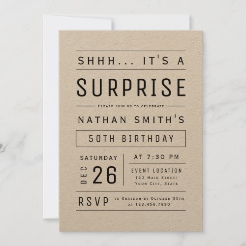 Kraft Modern Simple Typography Surprise Birthday Invitation
