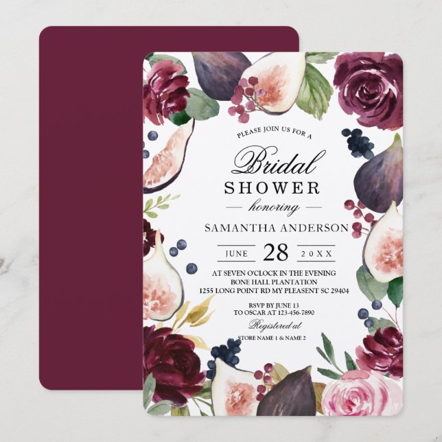 Kraft Moody & Rustic Burgundy Figs & Flowers Frame Invitation (Front/Back)