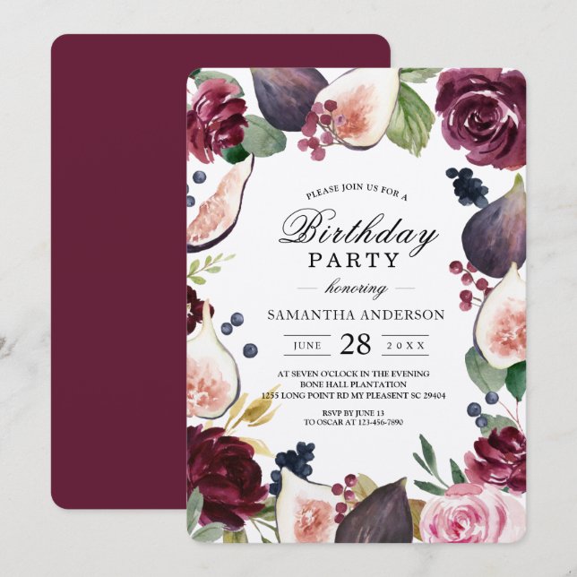 Kraft Moody & Rustic Burgundy Figs & Flowers Frame Invitation (Front/Back)