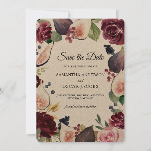 Kraft Moody  Rustic Burgundy Figs  Flowers Frame Save The Date