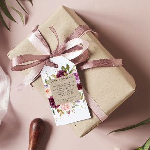 Kraft Moody & Rustic Burgundy Floral Frame & Gold  Gift Tags