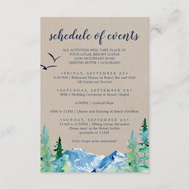 Kraft Mountain Wedding Weekend Schedule of Events Enclosure Card (Front)