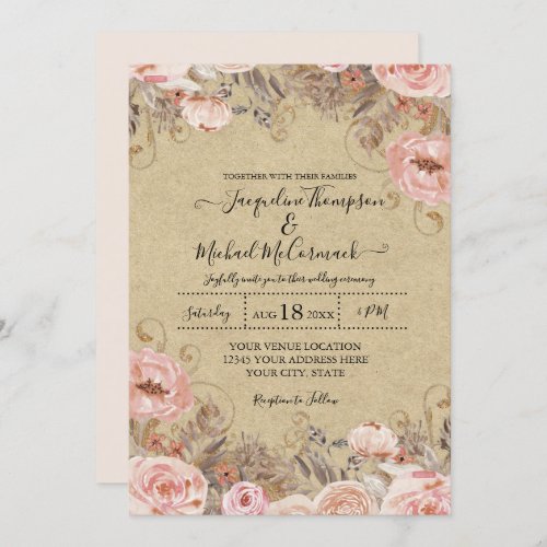 Kraft Muted Blush Pink Watercolor Floral Rose Gold Invitation