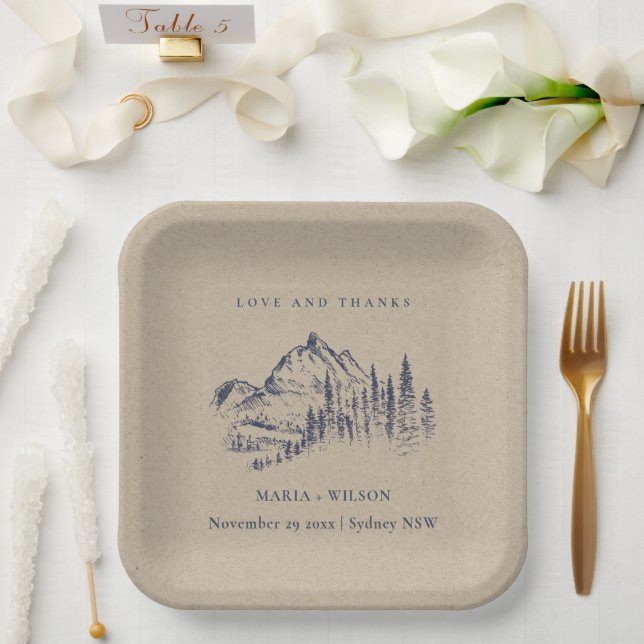 Kraft Navy Pine Woods Mountain Sketch Wedding Paper Plates (Wedding)