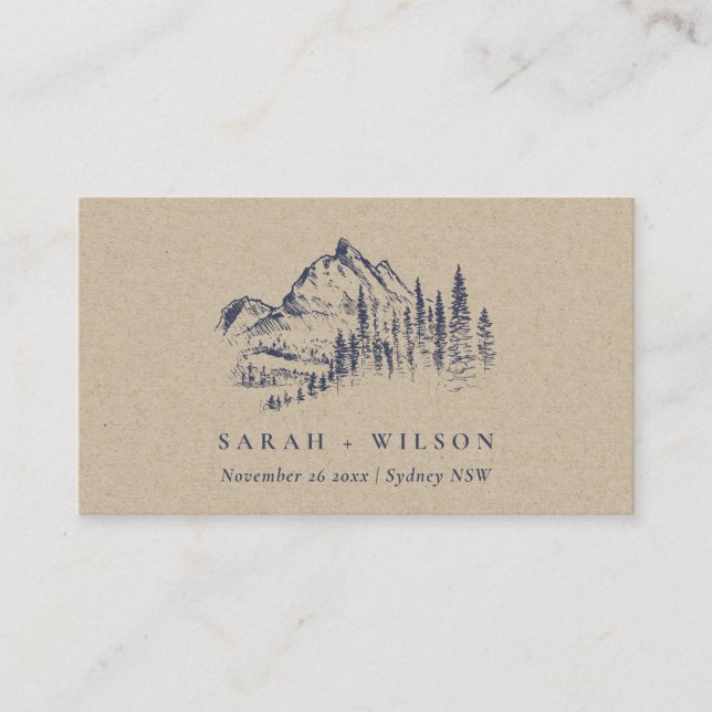 Kraft Navy Pine Woods Mountain Sketch Wedding Place Card (Front)