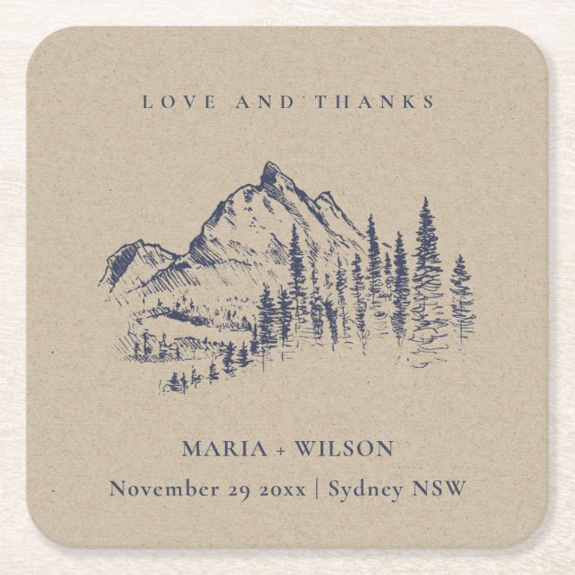 Kraft Navy Pine Woods Mountain Sketch Wedding Square Paper Coaster (Front)