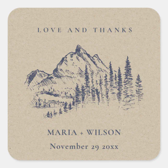 Kraft Navy Pine Woods Mountain Sketch Wedding Square Sticker | Zazzle