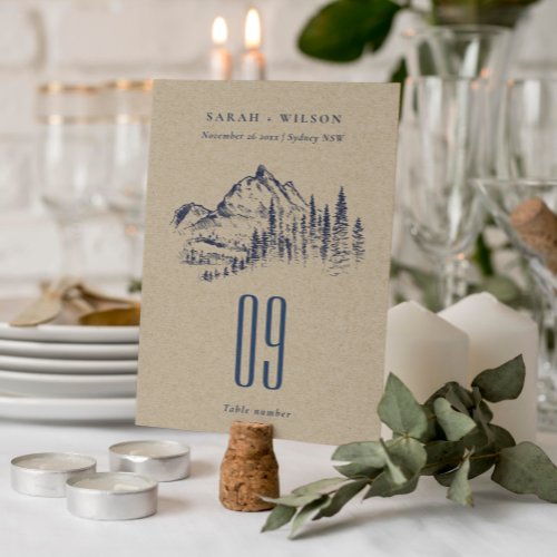Kraft Navy Pine Woods Mountain Sketch Wedding Table Number