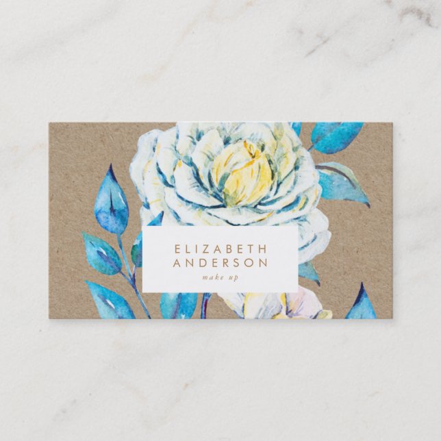 Kraft Oil Painted White Rose Blue Business Card (Front)