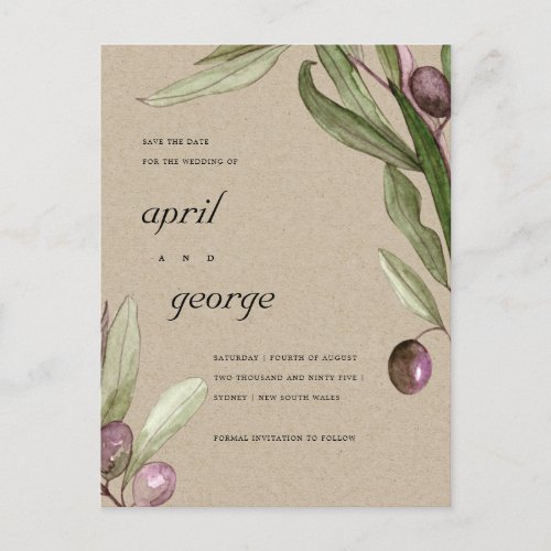 KRAFT OLIVE FOLIAGE FLORAL SAVE THE DATE CARD