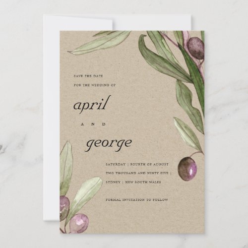 KRAFT OLIVE WATERCOLOR FOLIAGE SAVE THE DATE CARD