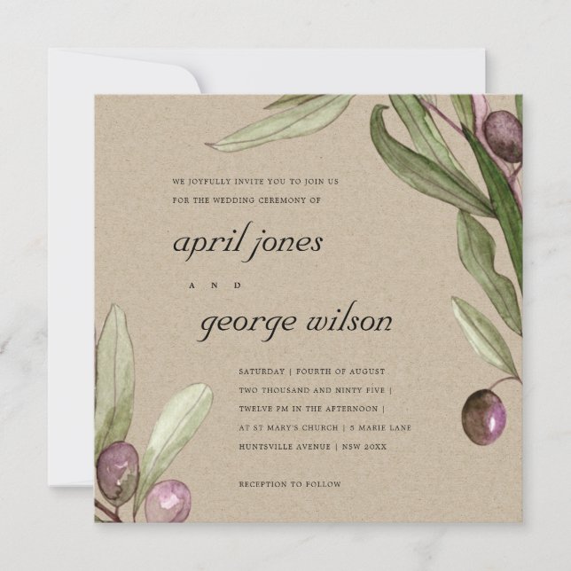 KRAFT OLIVE WATERCOLOR FOLIAGE WEDDING INVITE (Front)