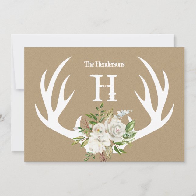 Kraft Paper Antlers Monogram Note Card (Front)