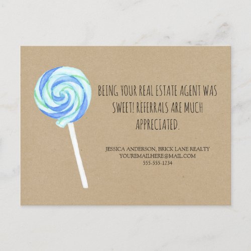 Kraft Paper Blue Lollipop Real Estate Referrals   Postcard