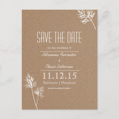 Kraft Paper Brown and White Leaves Save The Date Announcement Postcard