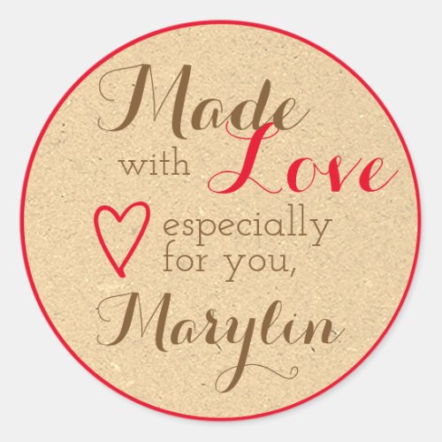 Kraft Paper Brown Red Simple Made with Love Heart Classic Round Sticker