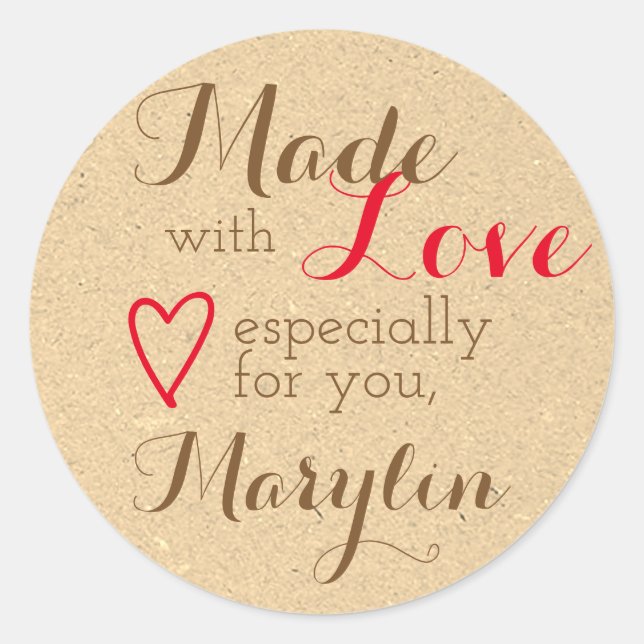 Kraft Paper Brown Red Simple Made with Love Heart Classic Round Sticker (Front)