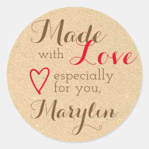 Kraft Paper Brown Red Simple Made with Love Heart Classic Round Sticker