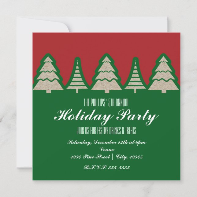 Kraft Paper Christmas Tree Red & Green Invitations (Front)