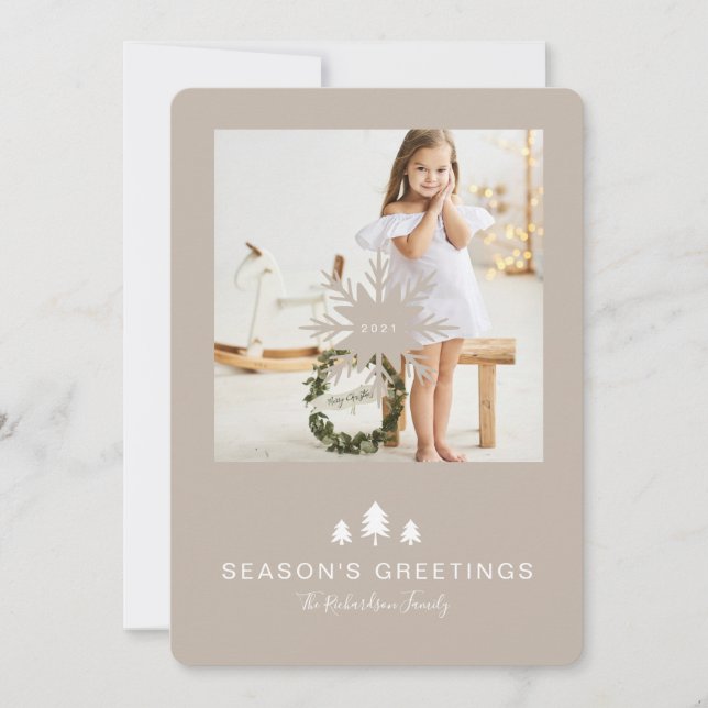 Kraft Paper Christmas Tree & Snowflake 1 Photo Holiday Card (Front)