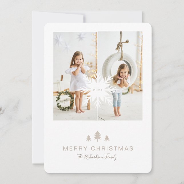 Kraft Paper Christmas Tree & Snowflake 2 Photo Holiday Card (Front)