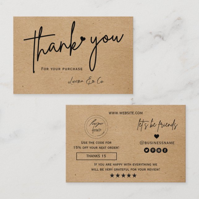 Kraft paper custom logo thank you heart business card (Front/Back)