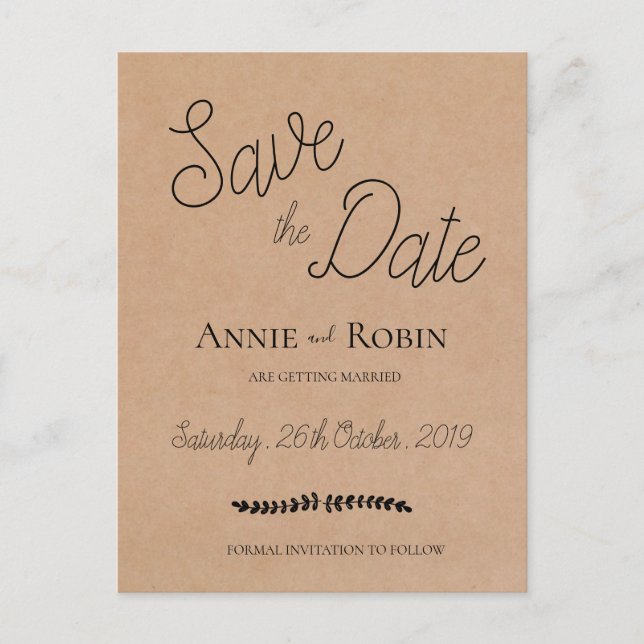 Kraft Paper Custom Script Wedding Save the Date Postcard (Front)