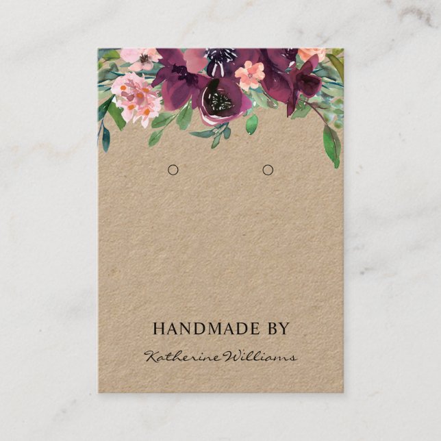 Kraft Paper Earring Display  | Burgundy Floral Business Card (Front)