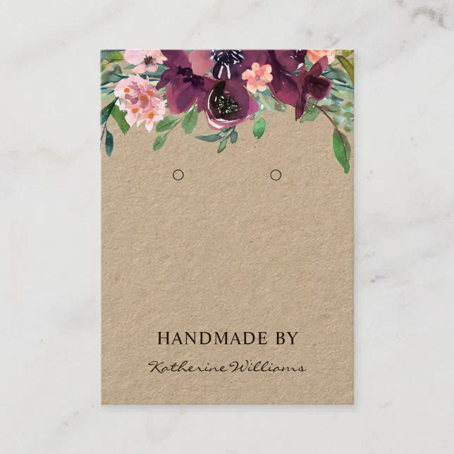 Kraft Paper Earring Display Burgundy Floral Business Card Zazzle