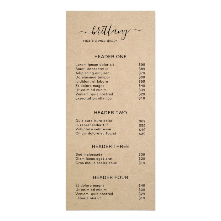 Kraft Paper Elegant Script Name Rustic Price List Rack Card