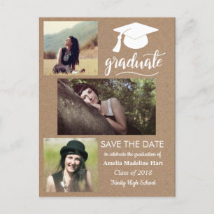 Kraft Paper Graduate   Save The Date Three Photo Postcard