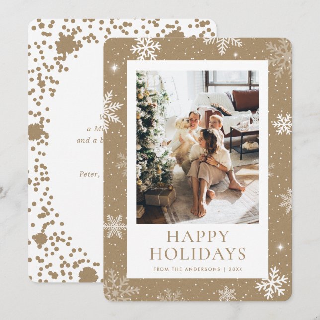 Kraft Paper Happy Holidays Snowflake Snow Photo Holiday Card (Front/Back)