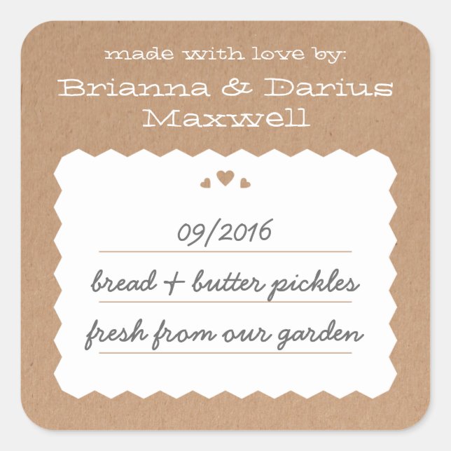 Kraft Paper Hearts Food Gift Label Square Sticker (Front)