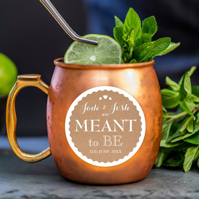 Kraft Paper Hearts Wedding Meant to Be Favor Classic Round Sticker (Creator Uploaded)