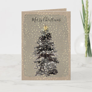 Kraft Paper Holiday Spruce Tree Falling Gold Snow Card
