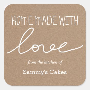 Kraft Paper Home Made With Love Typography Square Sticker by ohwhynotweddings at Zazzle
