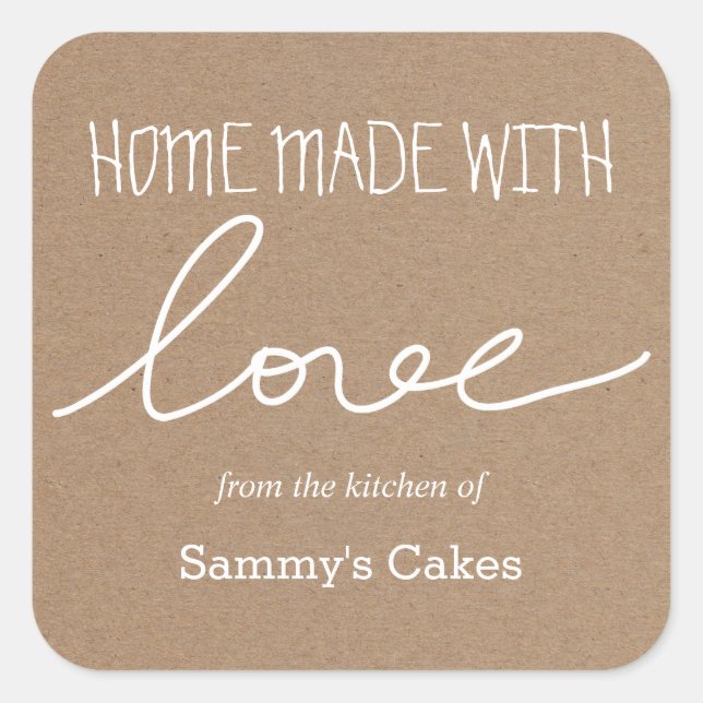 Kraft Paper Home Made With Love Typography Square Sticker (Front)