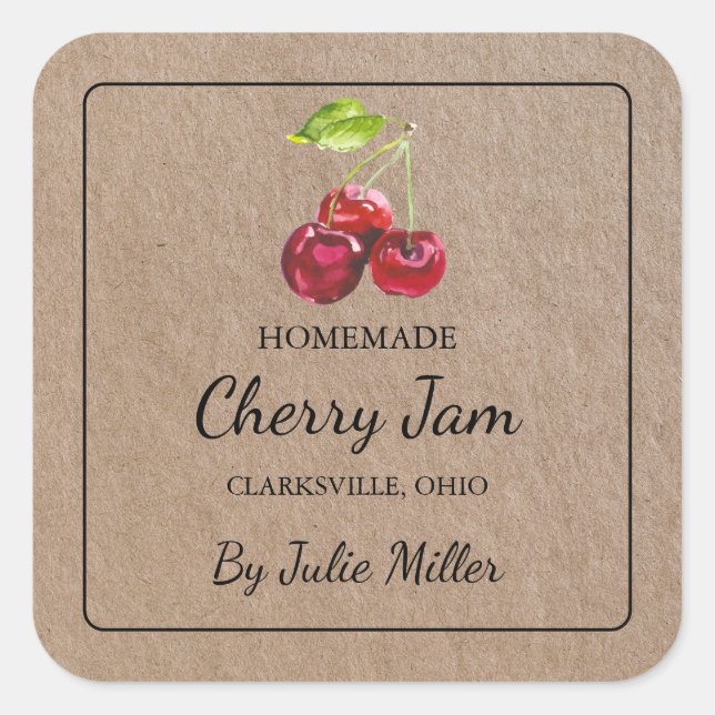 Kraft Paper Homemade Cherry Jam Square Label (Front)