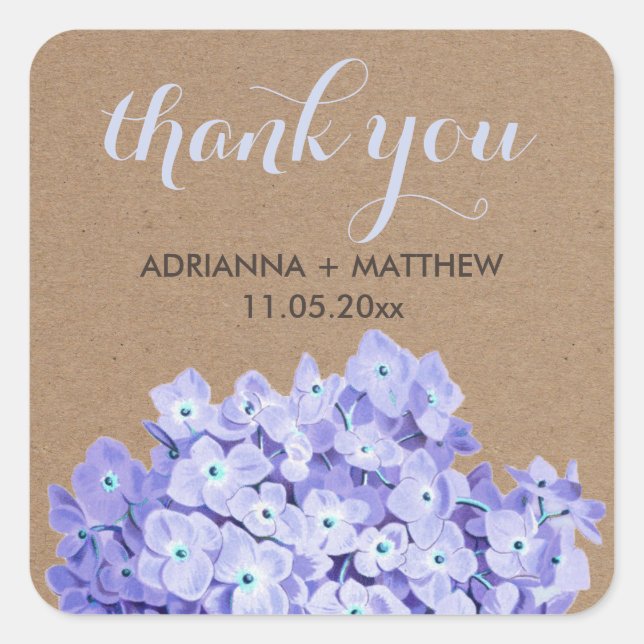 Kraft Paper Hydrangeas Floral Thank You Wedding Square Sticker (Front)
