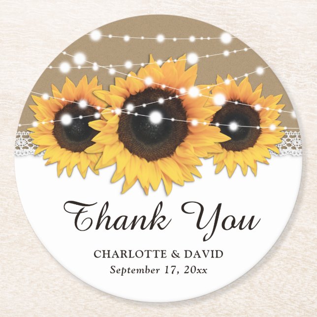 Kraft Paper Lace String Lights Sunflower Wedding Round Paper Coaster (Front)