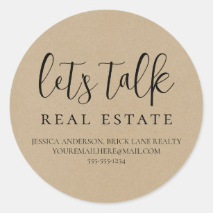 Kraft Paper Let's Talk Real Estate Contact Info  Classic Round Sticker