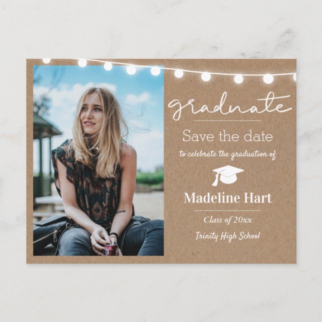 Kraft Paper Lights Script Graduate | Save The Date Postcard (Front)