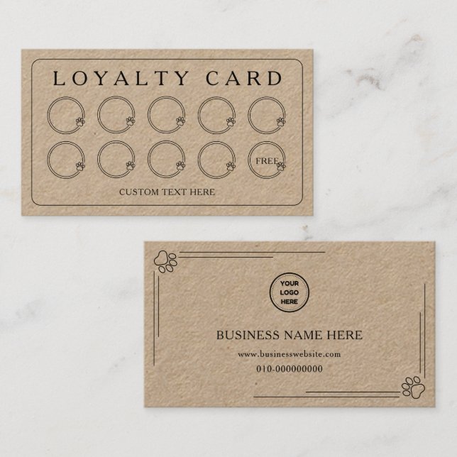 Kraft Paper Logo Cute Paws Dog Cat Pets Services Loyalty Card (Front/Back)