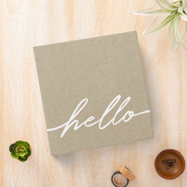 Kraft Paper Look Hello Script Typography Portfolio 3 Ring Binder (In Situ)