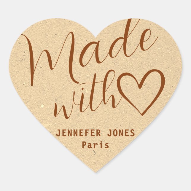 Kraft Paper Made with Love Heart Calligraphy Beige Heart Sticker (Front)