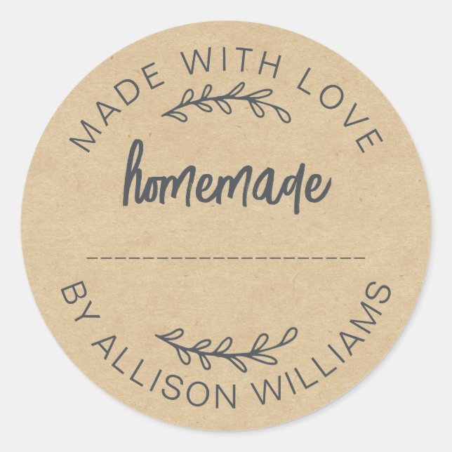 Kraft Paper Made With Love Homemade Food Jar Classic Round Sticker (Front)