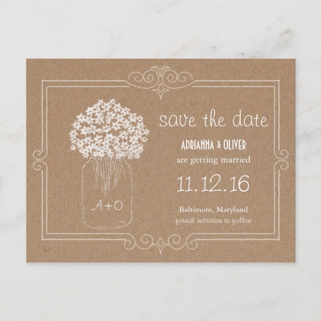 Kraft Paper Mason Jar Flowers Save The Date Announcement Postcard (Front)