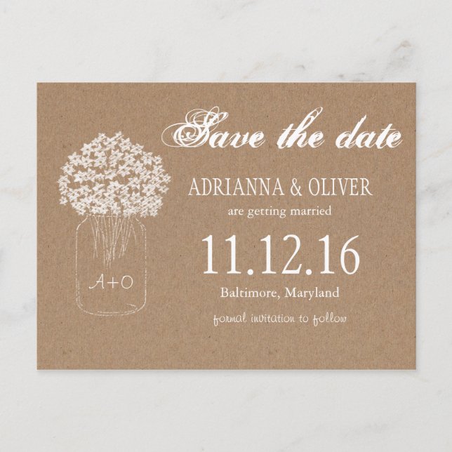 Kraft Paper Mason Jar Flowers Save The Date Announcement Postcard (Front)