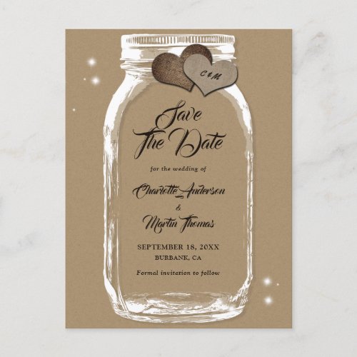 Kraft Paper Mason Jar Wedding Save The Date Announcement Postcard