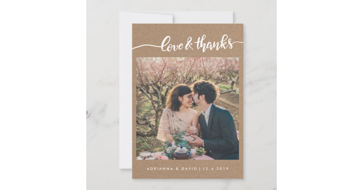 Kraft Paper Photo Wedding Love And Thanks Script Thank You Card | Zazzle